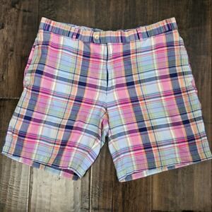 Peter Millar Shorts Mens Size 38 Blue Pink Plaid Chino Cotton Casual Golf